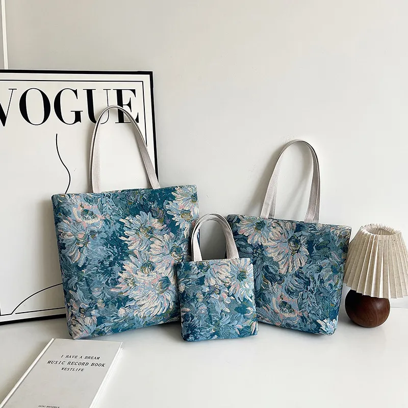 民族风双面金丝手提帆布包耐磨时尚花朵款刺绣带拉链手提包单肩包