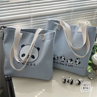 原创设计熊猫单肩包 通勤手提包休闲布包大容量文艺帆布包