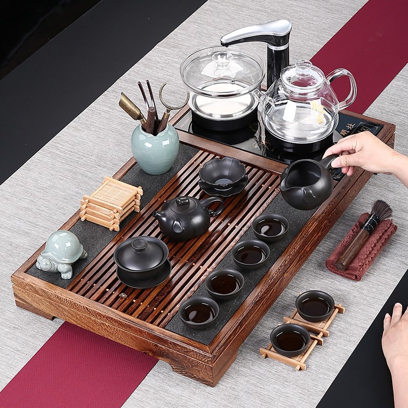 速发紫砂壶功夫茶全鸡翅木实木乌金石茶套茶盘台装具自动一体家用
