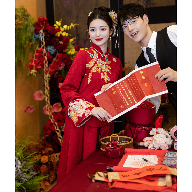 速发孕妇旗袍敬酒服大码便禾新中式订婚回服遮肚结婚礼门秀装秋冬