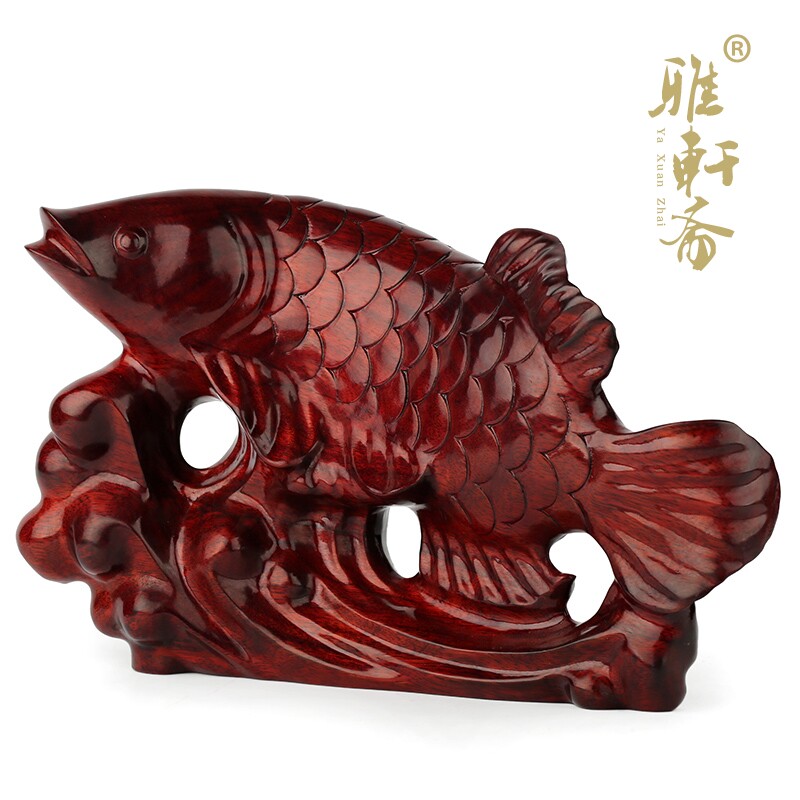 速发红手木工艺品木雕摆件 实木质鲤鱼跳龙门家居装饰品摆设