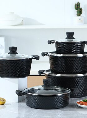 跨境外贸麦饭石铝压铸汤锅炖锅煎锅小砖10件套 紫色