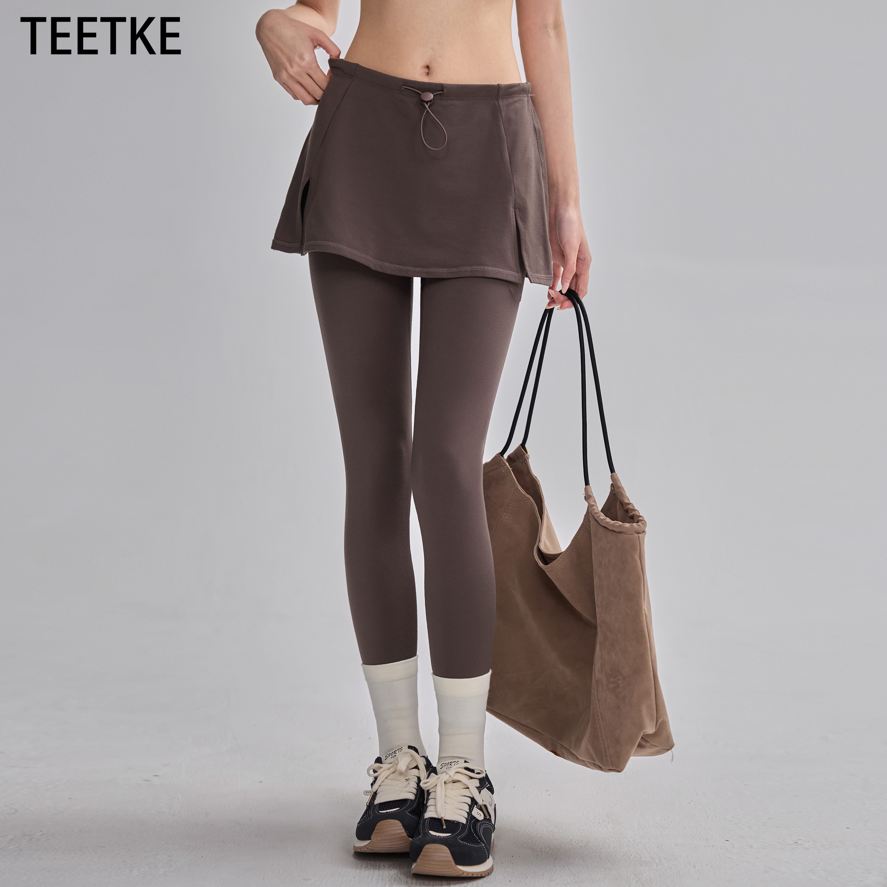 TEETKE瑜伽裙裤女秋冬外穿薄绒高腰弹力运动长裤跑步训练健身套装