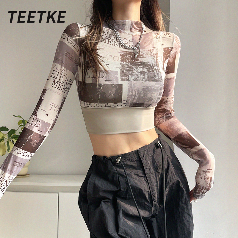 TEETKE网纱含胸垫露脐辣妹长袖