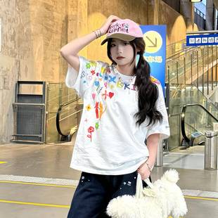 文文不乖美式 纯棉 复古手绘涂鸦印花短袖 t恤男女宽松情侣五分袖