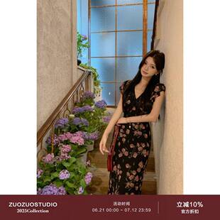 佐佐家小个子法式 女玫瑰印花连衣裙子 优雅V领小飞袖 收腰长裙夏季