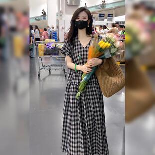 宽松显瘦气质印花棉麻衬衫 高端格子连衣裙女夏季 时尚 新款 裙子 短袖