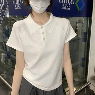 冰丝T恤休闲显瘦上衣 独特简约polo领法式 小众针织短袖 小衫 女夏季