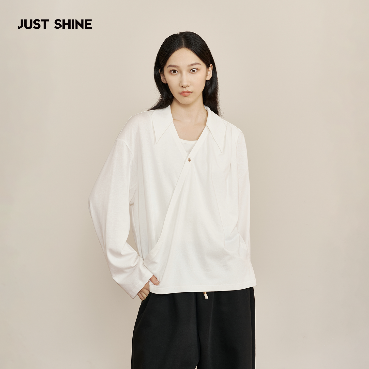 JUSTSHINE简约气质长袖T恤女独特交叉领设计宽松百搭休闲打底衫