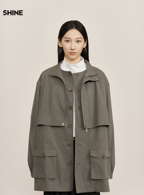 JUSTSHINE 日系户外男女款中性风衣上衣复古工装口袋长短切换外套