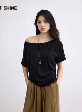 JUSTSHINE 白色一字领斜肩上衣气质高级感高弹力灰色露肩短袖T恤