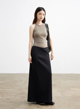 JUSTSHINE 松弛感垂感半身裙后开衩直筒裙卫裙松紧腰一步包臀长裙