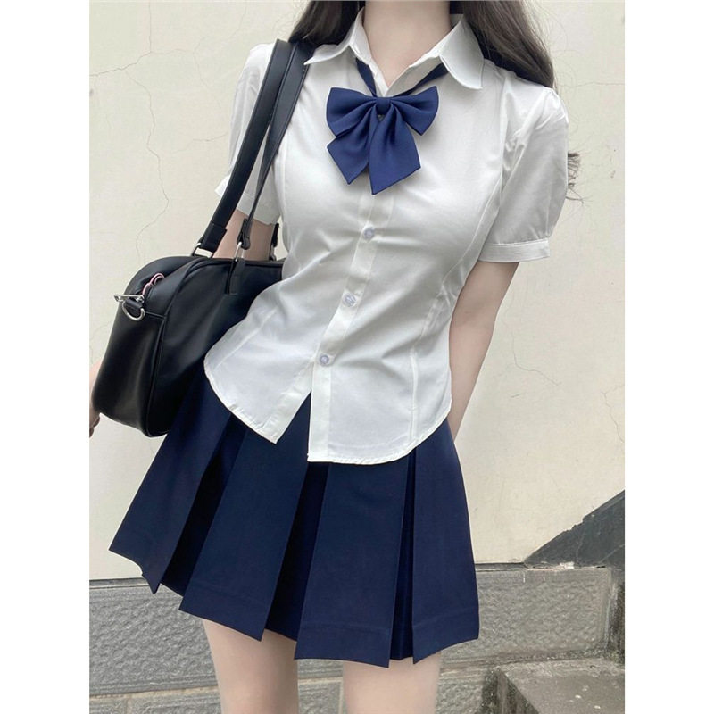 jk收腰衬衫制服上衣短袖原创正版夏季学院风泡泡袖白色衬衣套装