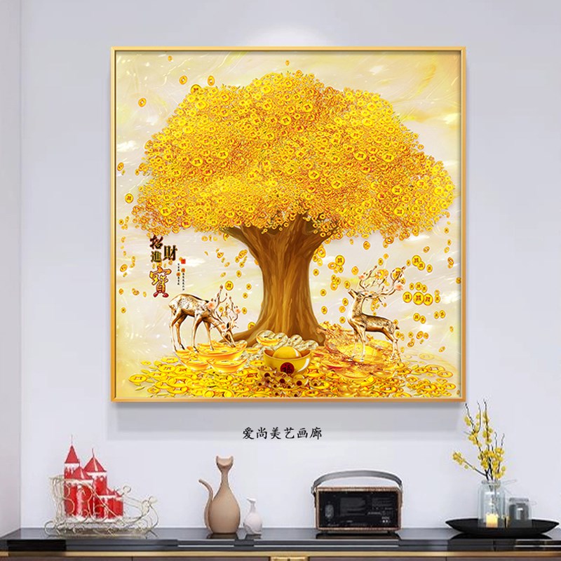 新中式聚宝盆正方k形装饰画发财树玄关客厅走廊装饰挂画挂墙上壁图片