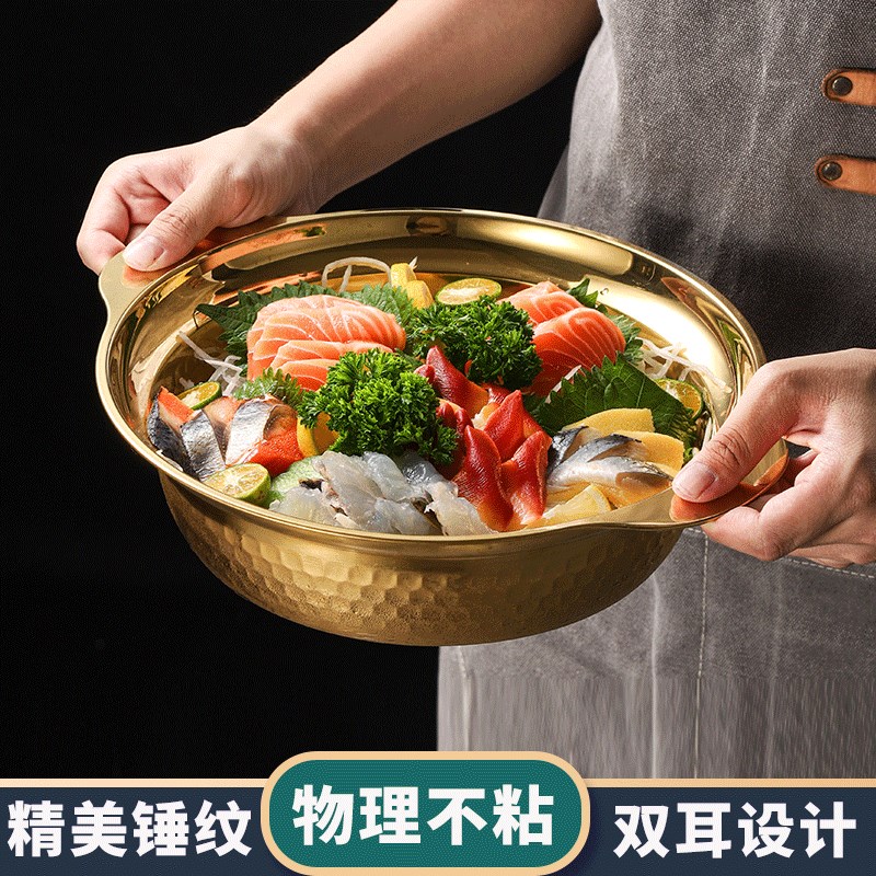 金色不锈钢火锅家用汤锅双耳商用寿喜锅韩式Q火锅海鲜锅煮面炖锅