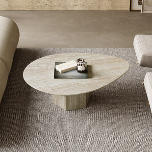 侘寂风简约现代天然洞石茶几轻奢客厅家用设计师大理石高级感茶桌