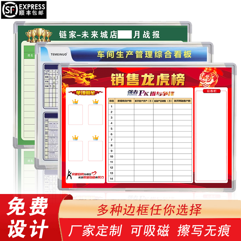 新款挂式白板业绩榜展板留言板磁性可吸磁挂墙可擦硬白板车间生产管理看板业绩榜通知公告栏尺寸内容支持定制