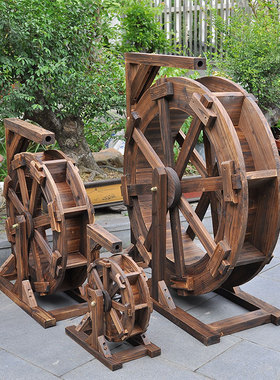 木制风水轮水车庭院流水摆件 莫奈乡村民用水车喷泉