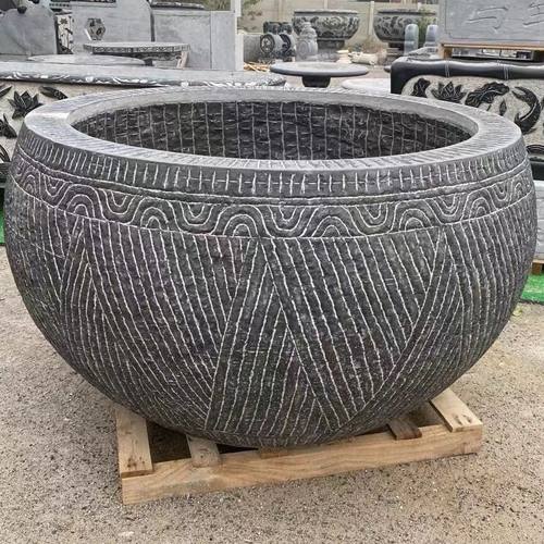 青石鱼缸庭院户外仿古养鱼大缸石头鱼缸花盆石缸真石荷花鱼圆缸