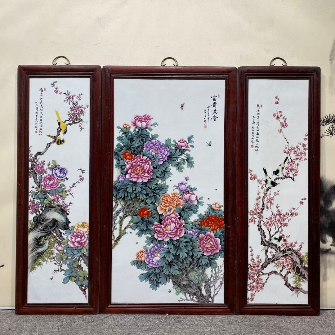 木框瓷板画景德镇粉彩陶瓷花鸟客厅挂画装饰画中式玄关挂屏四条