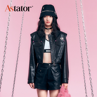 Astator2025秋季 辣妹 新款 潮牌上衣女黑色夹克休闲百搭短外套时尚