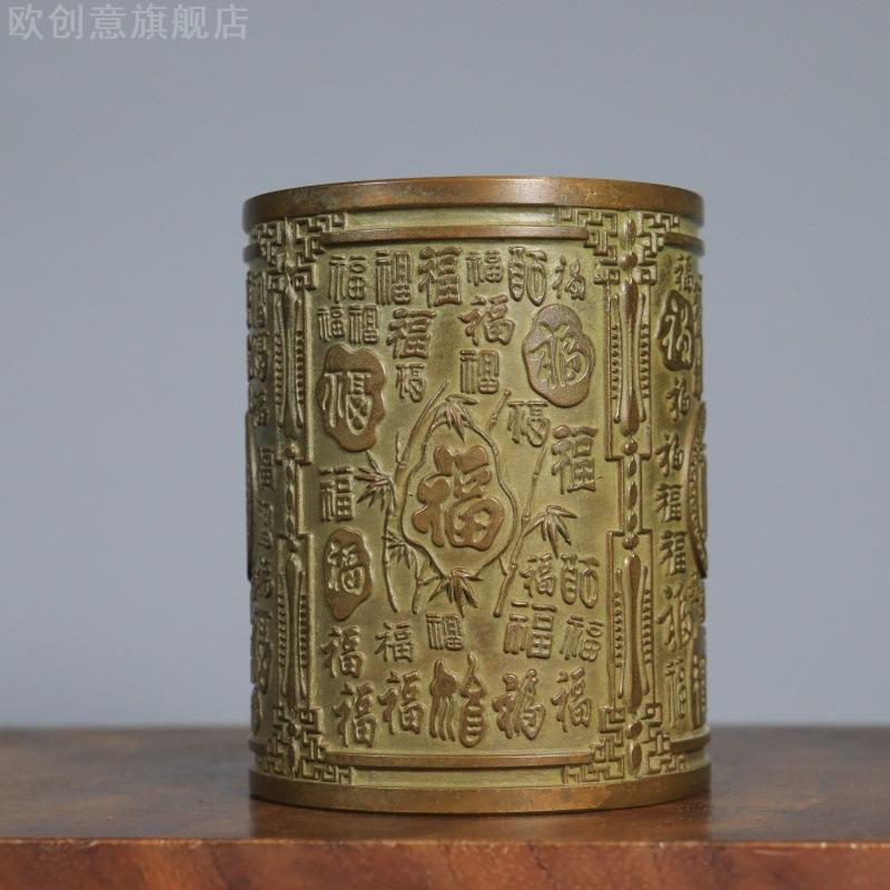 新款纯铜百福铜笔筒文房四宝书桌摆件纯铜笔筒货源特价