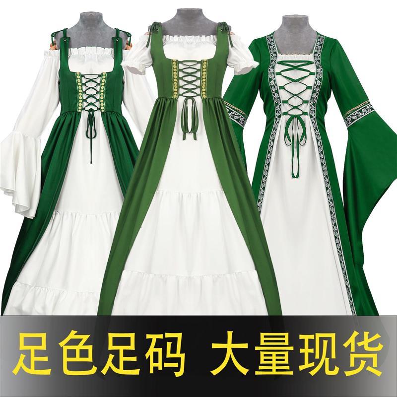 欧洲中世纪宫廷复古长袖束腰裙服装一字领蝙蝠袖大摆长裙女装