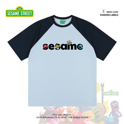 Sesame Street/芝麻街夏季纯棉情侣短袖休闲拼色运动宽松潮牌T恤