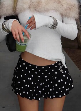 bgc现货美式辣妹性感波点短裙防走光底裤低腰半身裙A字百褶裙欧美