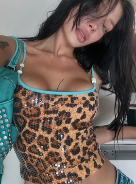 bgc辣妹欧美风闪闪豹纹亮片吊带背心女修身显瘦性感内搭上衣短袖