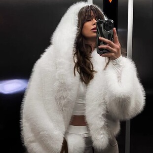 bgc辣妹秋冬斯拉夫白色毛毛绒环保皮草外套女宽松厚连帽保暖上衣