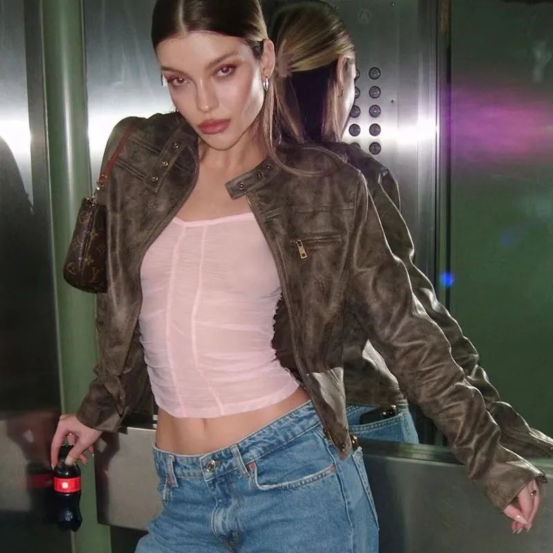 BadGirlsClub美式复古做旧PU短款皮衣夹克圆领按扣机车外套欧美风