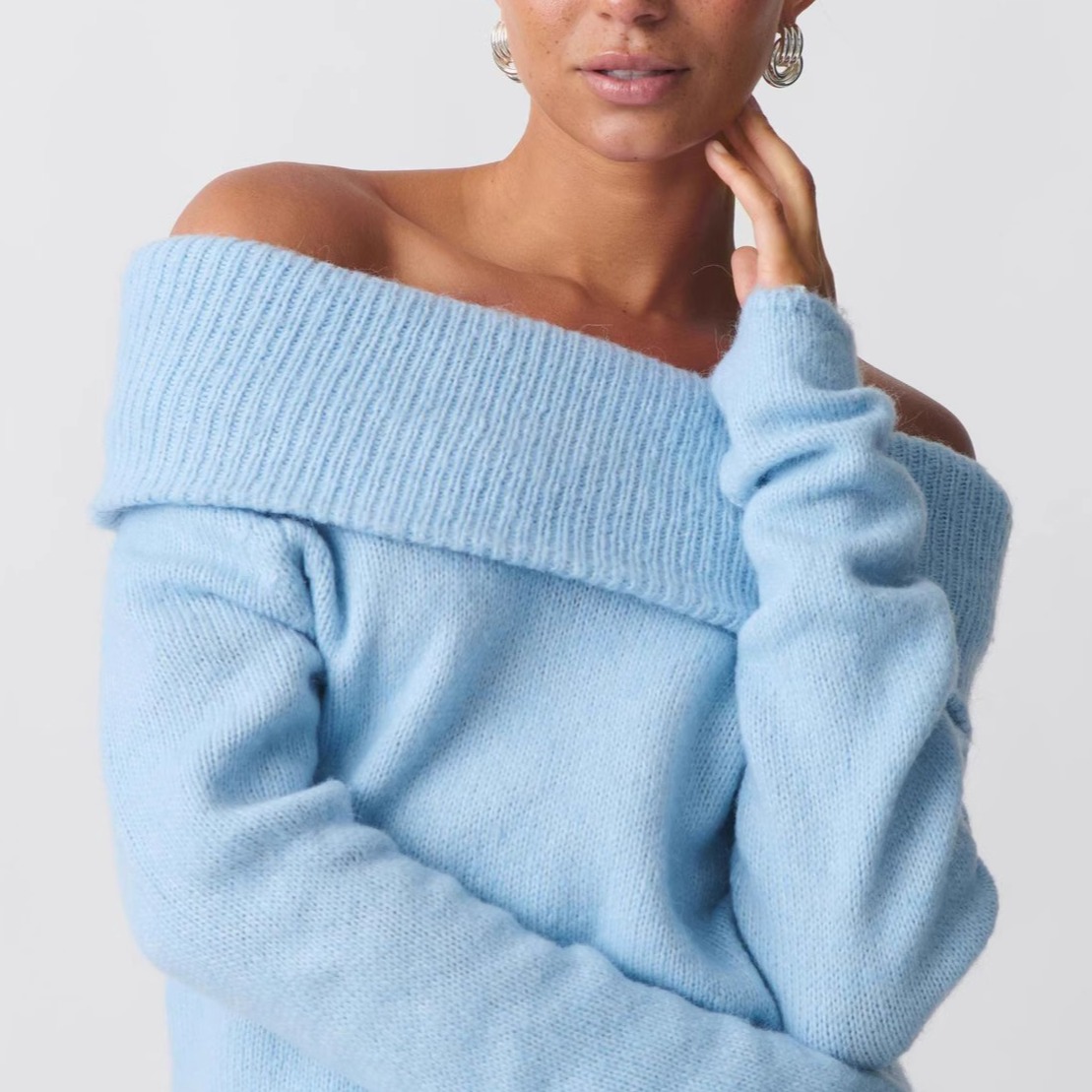 bgc春秋薄款高校辣妹温柔一字肩毛衣纯色翻领上衣马卡龙色长袖女