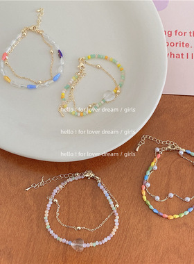 新款彩色水晶串珠双层叠戴手链高级感甜美少女风透明爱心百搭手饰