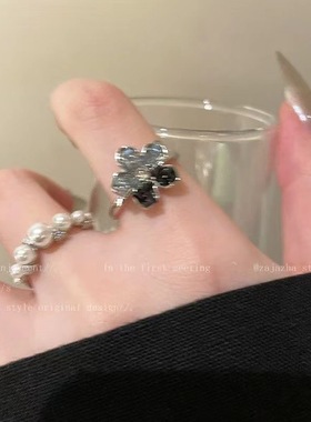 渐变色碎石花朵珍珠开口戒指女小众精致轻奢高颜值个性百搭指环