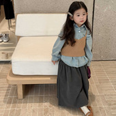 新款 毛衣吊带 童装 2025秋季 韩版 女童时尚 牛仔衬衫 牛仔2件套