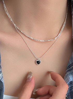s925纯银爱心黑玛瑙项链女ins小众设计清冷风时髦简约心形锁骨链