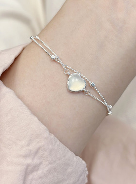 s925纯银白玉髓爱心双层手链女ins夏季甜美仙女风简约小闪珠手饰