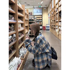 春秋新款蓝色格子衬衫外套女港风小众设计情侣衬衣ins潮学生上衣