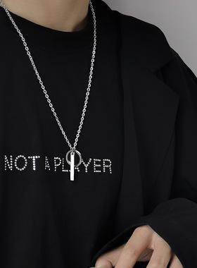 s925纯银IO指环项链男ins嘻哈潮牌长棍吊坠小众设计高级感毛衣链