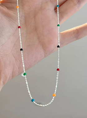 s925纯银彩色豆豆多巴胺项链女IU同款小众设计ins滴胶圆珠蛇骨链