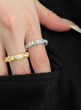 s925纯银交叉满镶锆石戒指ins博主同款重工质感轻奢闪钻开口指环