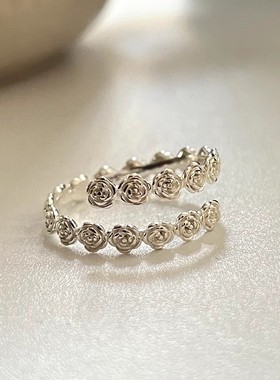 s925纯银玫瑰花戒指女ins法式浪漫设计甜美气质满圈花朵开口戒指