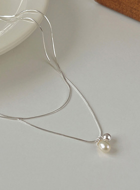 s925纯银淡水珍珠双层项链女ins冷淡风个性极简小众设计圆珠颈链