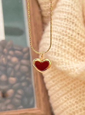 s925纯银安可拉红项链女ins秋冬复古气质高级感红色爱心毛衣链