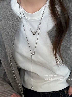 时尚银色串珠钛钢抽拉项链女秋冬叠戴不掉色圆球毛衣链锁骨链配饰