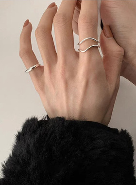 s925纯银波浪双层戒指女新款潮ins极简风小众设计不规则开口指环
