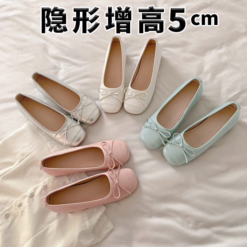 5cm内增高浅口单鞋女真皮蝴蝶结芭蕾舞鞋甜美平软底银色休闲女鞋