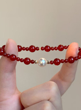 s925纯银天然红玛瑙仿施家珍珠手链新年红色手串小众精致温柔手环