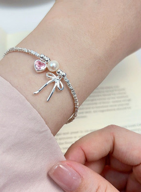 实拍s925纯银粉色爱心蝴蝶结碎银子手链女甜美少女心淡水珍珠手饰